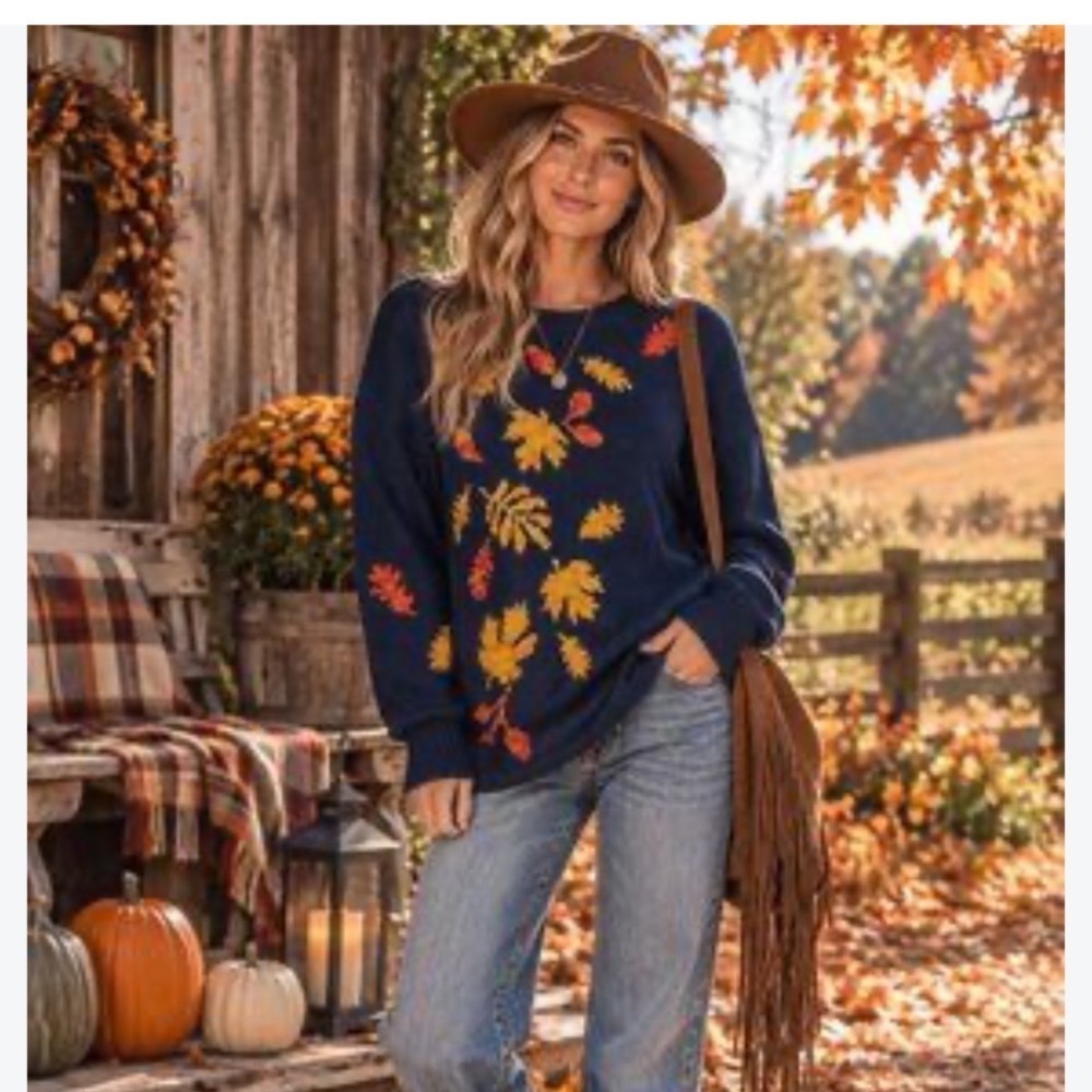 Coldwater Creek Womens Large Navy Blue Autumn Leaf Knit Sweater Crew Neck Fall